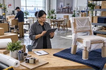 Furniture retailer reviewing a customer order on a tablet beside a large product secured for shipping