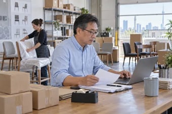 Operations lead grouping customer orders by recurring packaging and shipping service at a laptop station