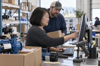 Spécialiste des systèmes et collègue de l’entrepôt vérifiant une commande intégrée à l’écran d’un poste de traitement des commandes