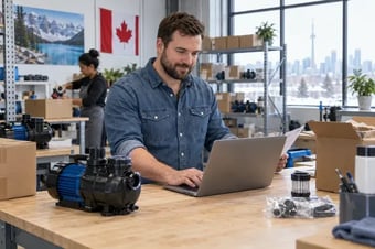 Détaillant vérifiant une commande client sur un ordinateur portable, près des produits correspondants