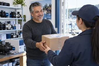 Responsable des expéditions d’une petite entreprise remettant un colis emballé à un coursier à l’entrée lumineuse d’une boutique