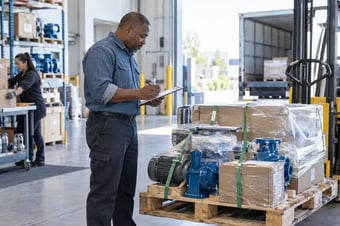 Responsable d’entrepôt inspectant un chargement fixé sur une palette à un quai d’expédition propre