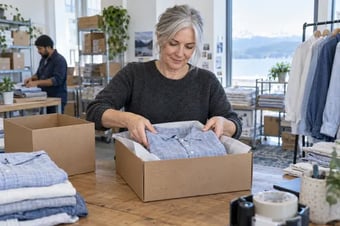 Maker comparing two box sizes and fitting a product into protective packaging