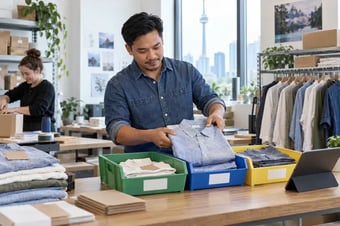 Business owner sorting product orders into labelled, coloured trays beside a tablet