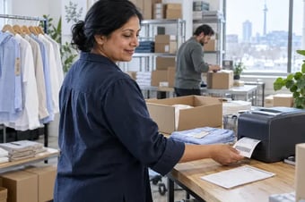 Dispatch associate collecting a shipping label beside a thermal printer and a separate packing slip