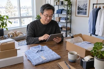 Customer seated at home choosing a delivery option while ordering products on a tablet