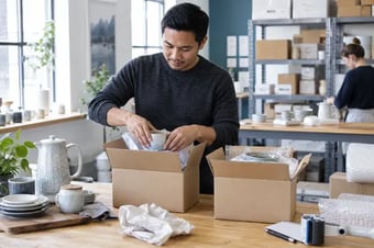 Commerçant répartissant les composants d’un même produit volumineux dans deux boîtes d’expédition distinctes