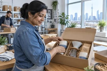 Commerçant disposant les différents produits d’un coffret-cadeau dans un emballage ajusté