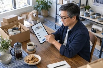 Client assis à la maison choisissant une option de livraison en commandant des produits sur une tablette