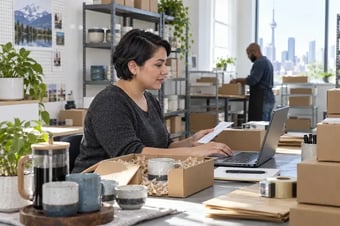 Responsable des opérations regroupant les commandes selon les emballages et services d’expédition habituels, à un poste avec ordinateur portable