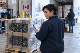 Responsable d’entrepôt inspectant un chargement fixé sur une palette à un quai d’expédition propre