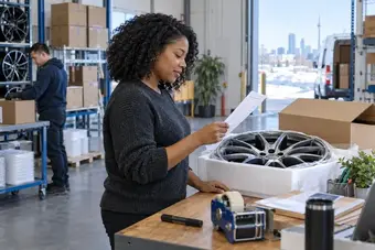 Responsable des exportations vérifiant un document d’envoi près d’un produit protégé et d’une boîte d’expédition