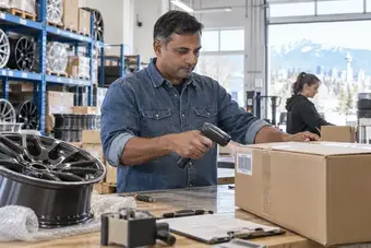 Membre de l’équipe de traitement des commandes vérifiant un produit avec un lecteur de codes-barres portatif à une table d’emballage