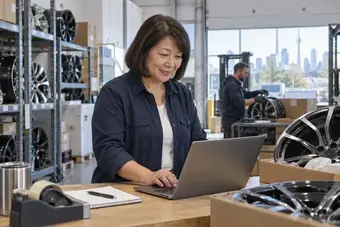 Détaillant vérifiant une commande client sur un ordinateur portable, près des produits correspondants