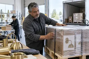 Warehouse specialist inspecting a secured pallet shipment at a clean dispatch dock