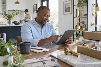 Customer seated at home choosing a delivery option while ordering products on a tablet