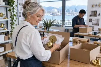 Maker comparing two box sizes and fitting a product into protective packaging