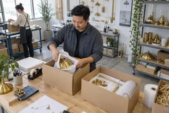 Merchant arranging the components of one large product in two separate shipping boxes