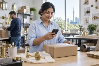 Customer service colleague checking shipment status on a phone beside a prepared parcel