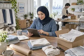 Customer seated at home choosing a delivery option while ordering products on a tablet