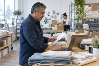 Operations lead grouping customer orders by recurring packaging and shipping service at a laptop station