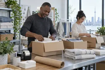 Two colleagues preparing a batch of three separate customer parcels at a tidy dispatch bench