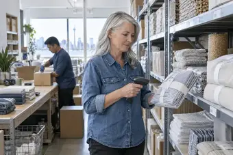 Stockroom specialist checking products on organised shelves with a handheld scanner