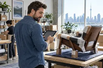 Détaillant de meubles vérifiant une commande client sur une tablette, près d’un produit volumineux protégé pour l’expédition