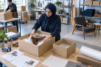 Artisan comparant deux formats de boîtes et plaçant un produit dans un emballage protecteur