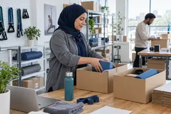 Commerçant répartissant les composants d’un même produit volumineux dans deux boîtes d’expédition distinctes