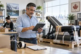 Détaillant de meubles vérifiant une commande client sur une tablette, près d’un produit volumineux protégé pour l’expédition