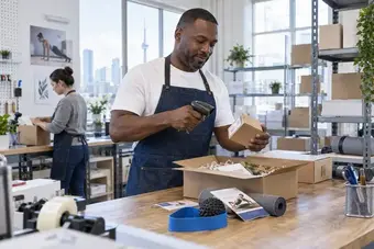 Membre de l’équipe de traitement des commandes vérifiant un produit avec un lecteur de codes-barres portatif à une table d’emballage
