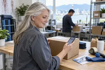 Membre du service à la clientèle vérifiant le statut d’un envoi sur un téléphone, près d’un colis prêt à expédier
