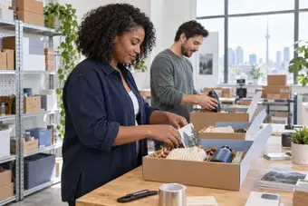 Two colleagues preparing a batch of three separate customer parcels at a tidy dispatch bench