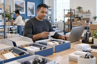 Operations lead grouping customer orders by recurring packaging and shipping service at a laptop station