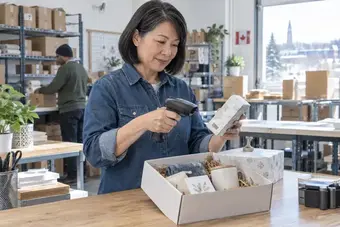Order fulfilment worker checking a product with a handheld barcode scanner at a packing bench