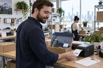 Dispatch associate collecting a shipping label beside a thermal printer and a separate packing slip