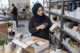 Stockroom specialist checking products on organised shelves with a handheld scanner