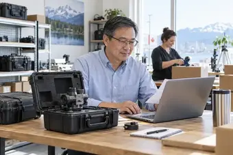 Détaillant vérifiant une commande client sur un ordinateur portable, près des produits correspondants