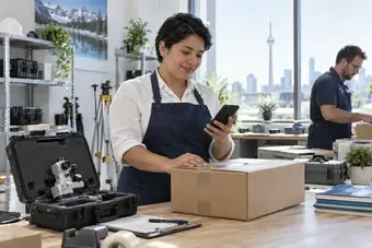 Membre du service à la clientèle vérifiant le statut d’un envoi sur un téléphone, près d’un colis prêt à expédier
