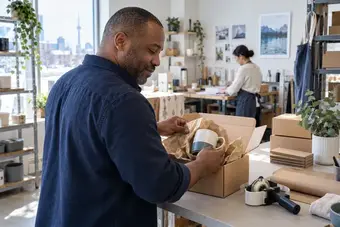 Independent business owner preparing a customer order in a small creative studio