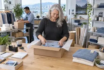 Online retailer folding merchandise for a customer order in a modern product studio