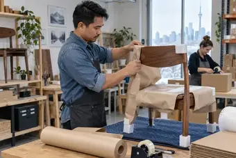 Furniture maker protecting a walnut chair with paper and fitted corner guards before shipping