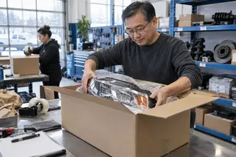 Automotive merchant securing a clean replacement part in a protective shipping carton