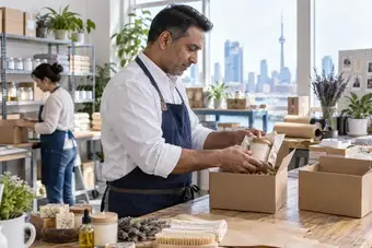 Maker comparing two box sizes and fitting a product into protective packaging