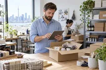 Merchant consulting shipping guidance on a tablet beside a packed customer order