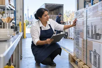 Warehouse specialist inspecting a secured pallet shipment at a clean dispatch dock