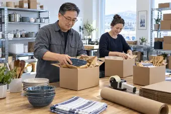 Two colleagues preparing a batch of three separate customer parcels at a tidy dispatch bench