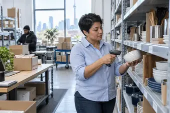 Stockroom specialist checking products on organised shelves with a handheld scanner