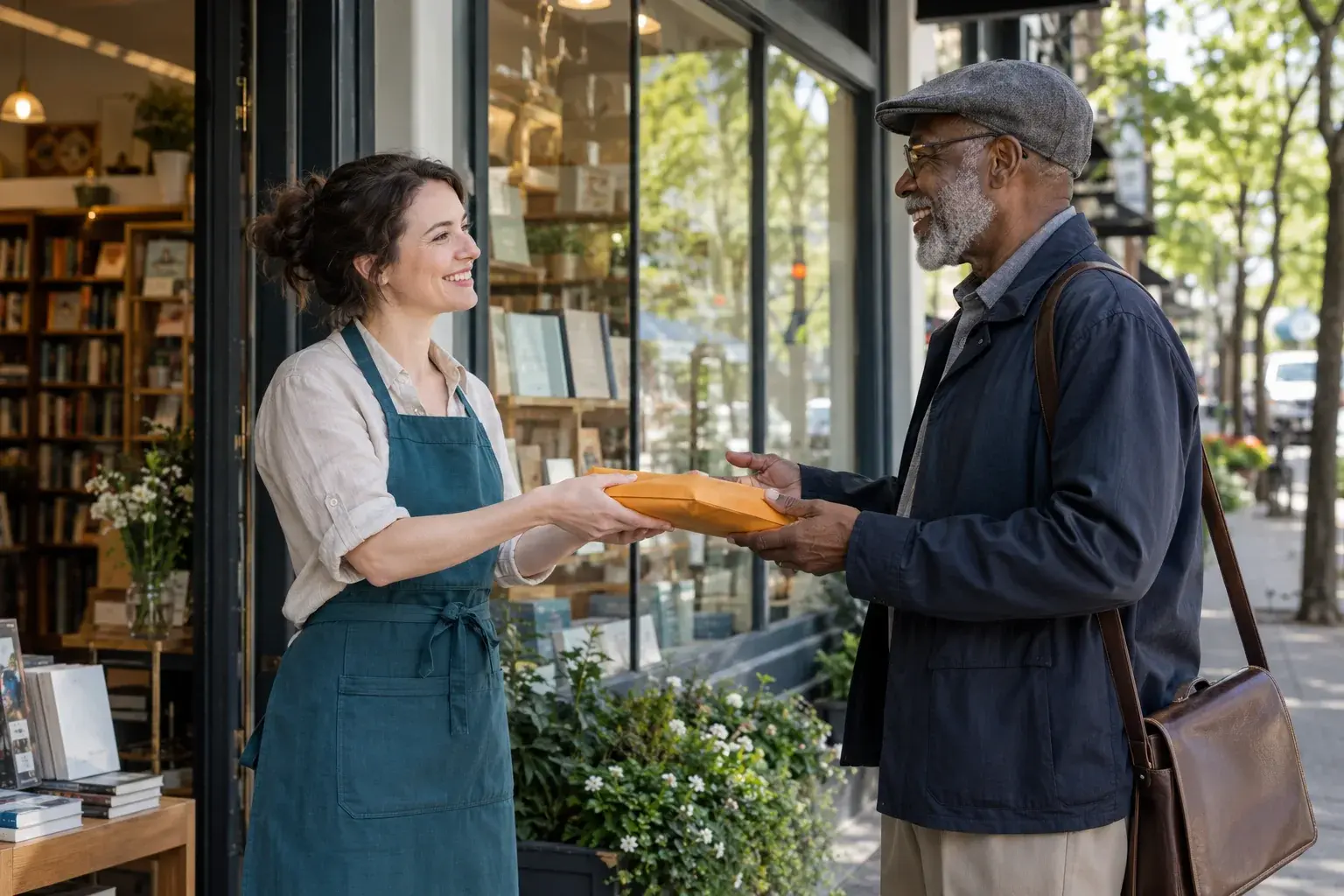A bookstore owner hands a completed order to a customer.